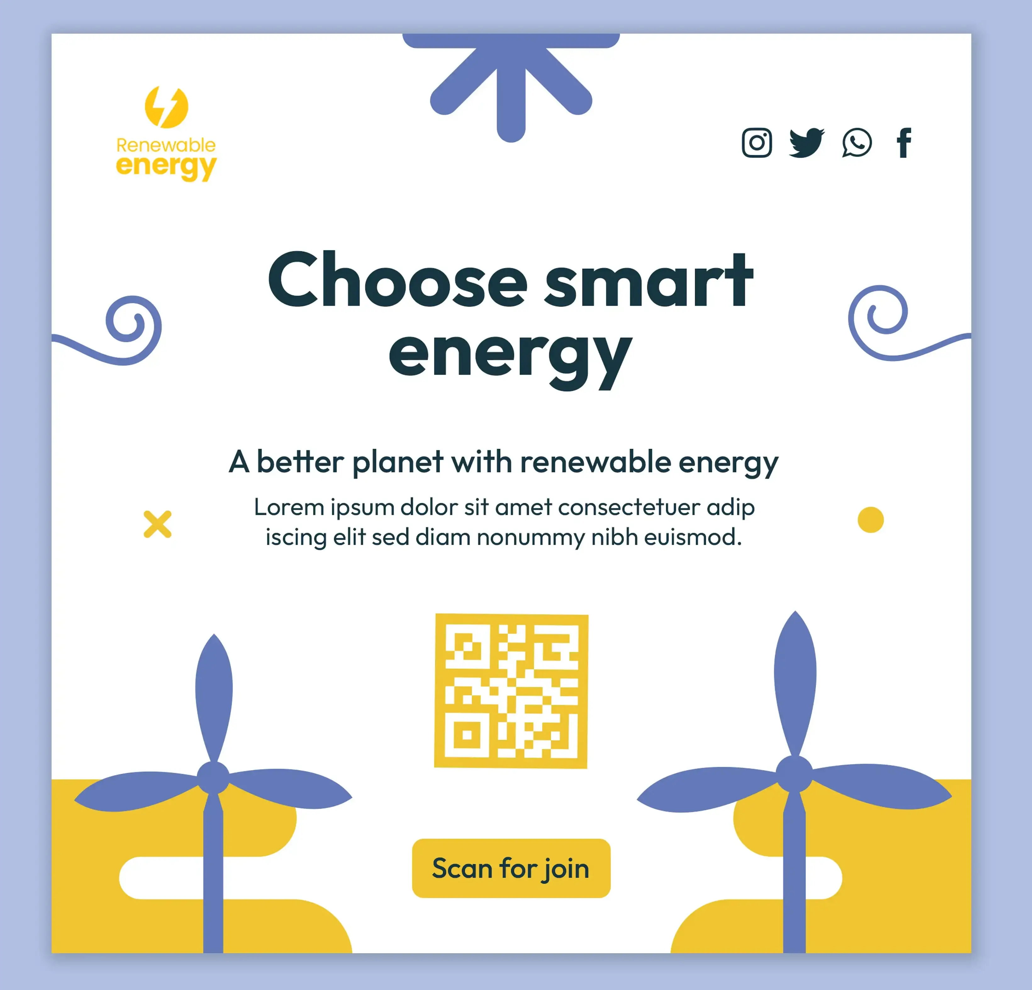 Square flyer for renewable energy campaign with yellow QR code, blue wind turbine illustrations and choose smart energy message with social media icons for environmental sustainability promotion