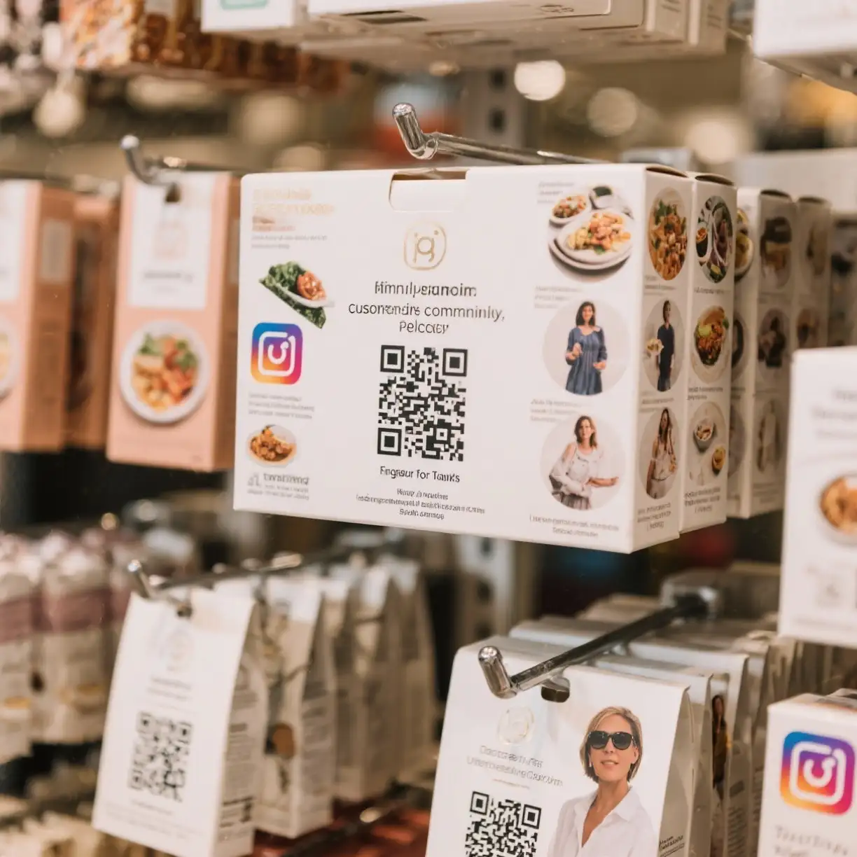 Retail display cards with Instagram QR codes and food images on metal clip stands for restaurant social media marketing and customer community engagement
