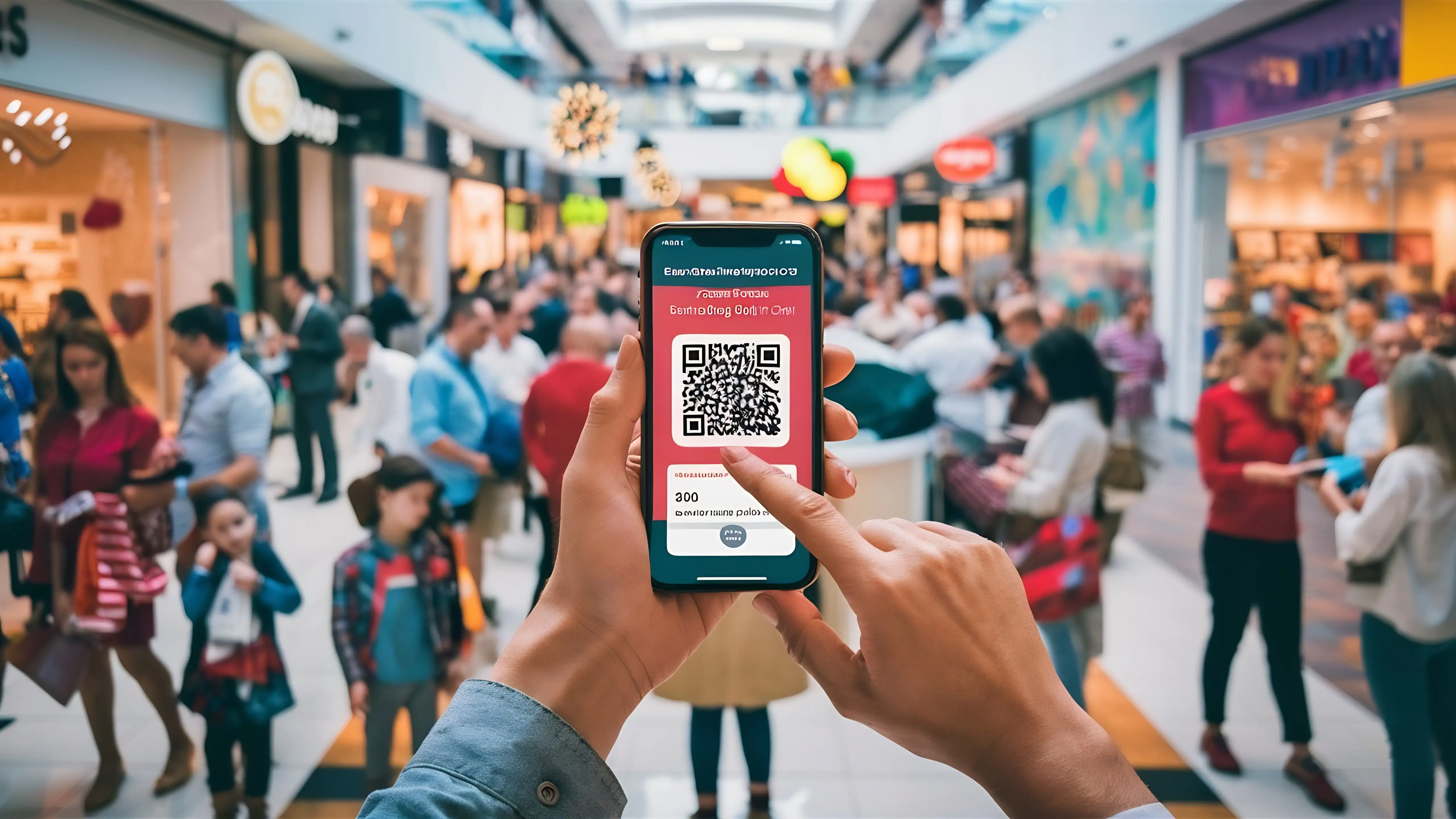 Person scanning QR code loyalty rewards program on smartphone in busy shopping mall with 300 points display and crowded retail stores for customer engagement and mobile marketing