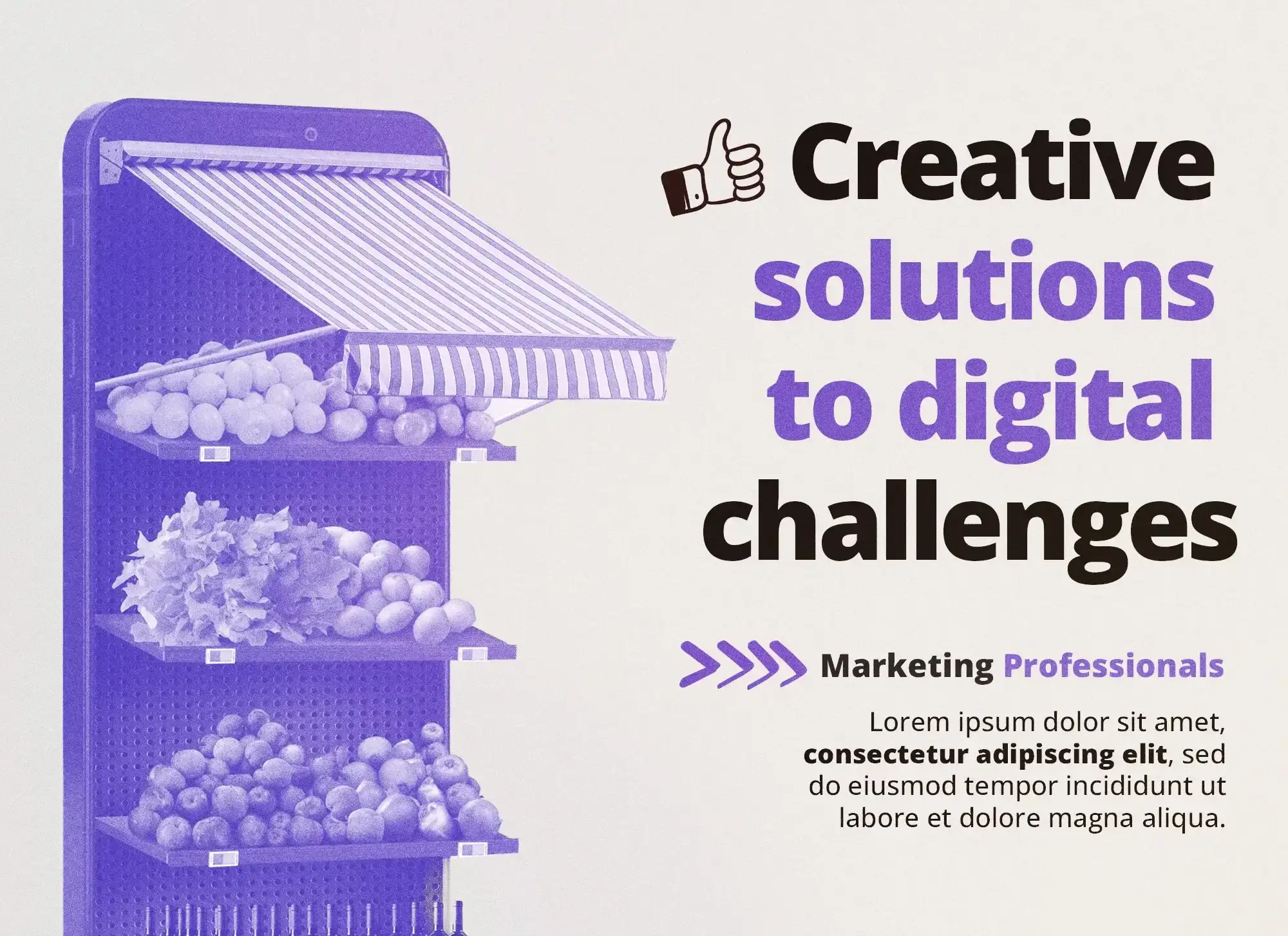 Target Group marketing professionals creative solutions to digital challenges poster with purple retail shelf illustration, thumbs up icon and social media links for business marketing services