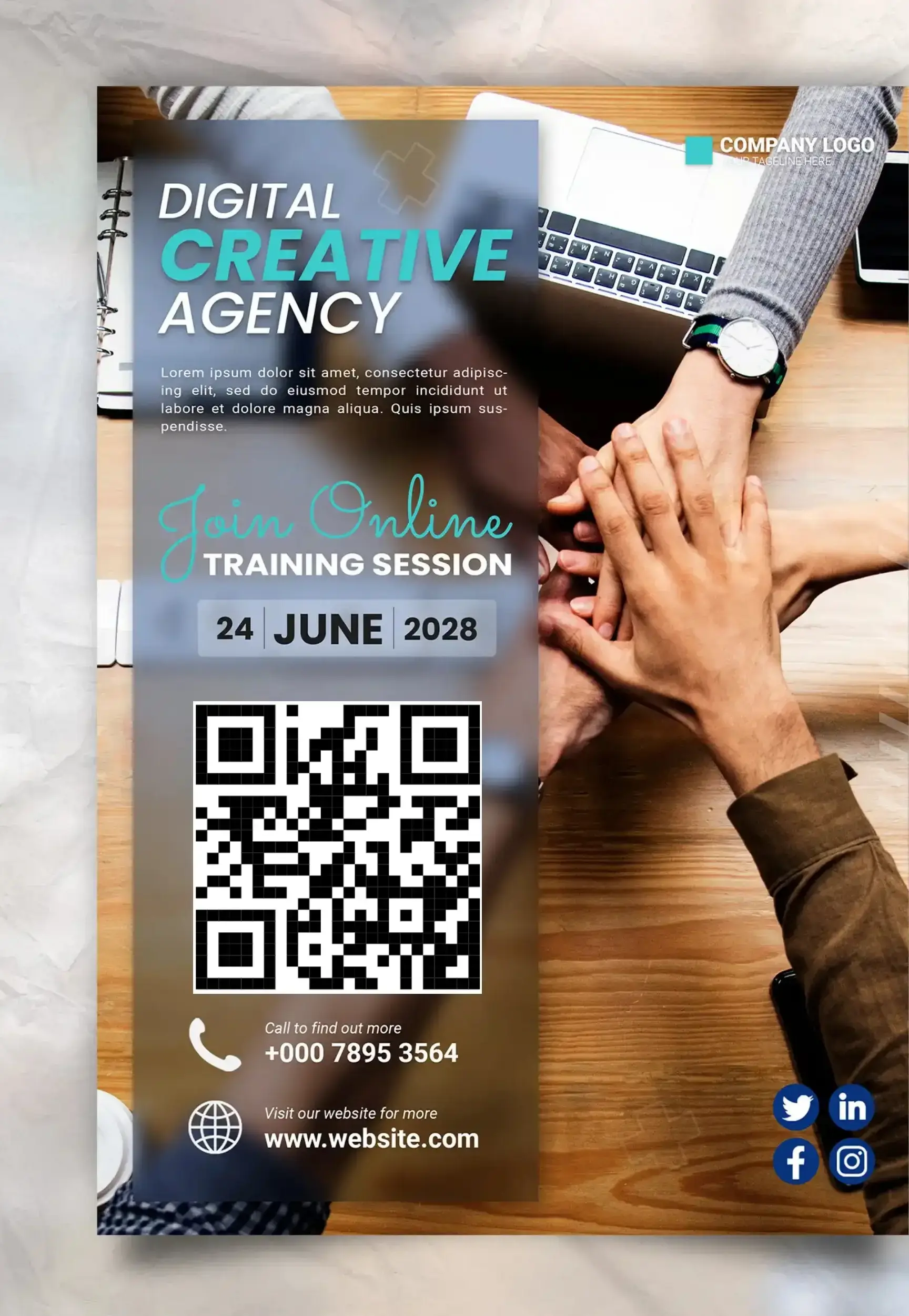 Digital creative agency poster template with QR code for online training session on June 24 2028, featuring team collaboration image and social media links with contact information