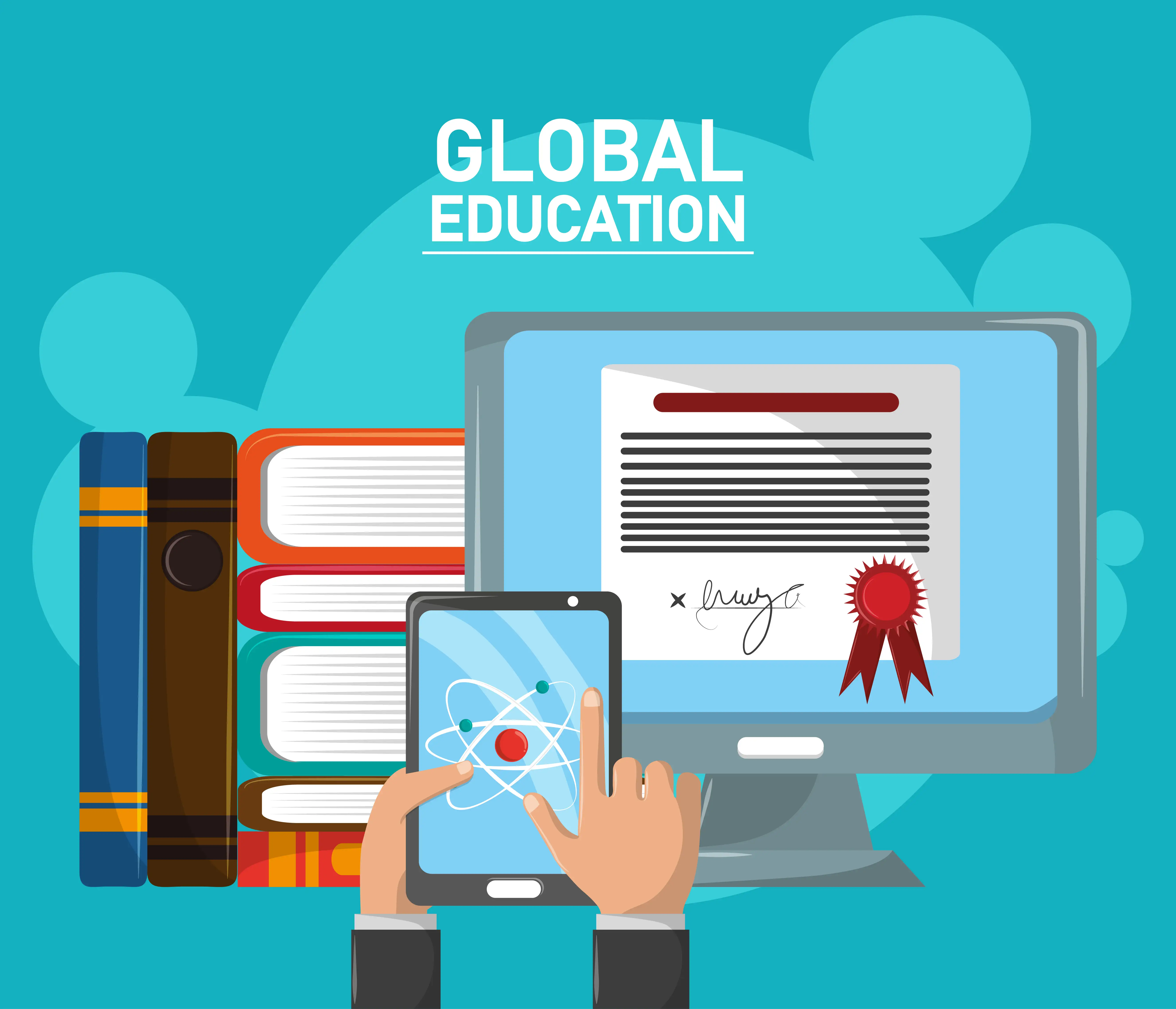 Global education illustration showing hand holding tablet with science icon, computer monitor displaying digital certificate with signature and seal, and stacked books for online learning platform