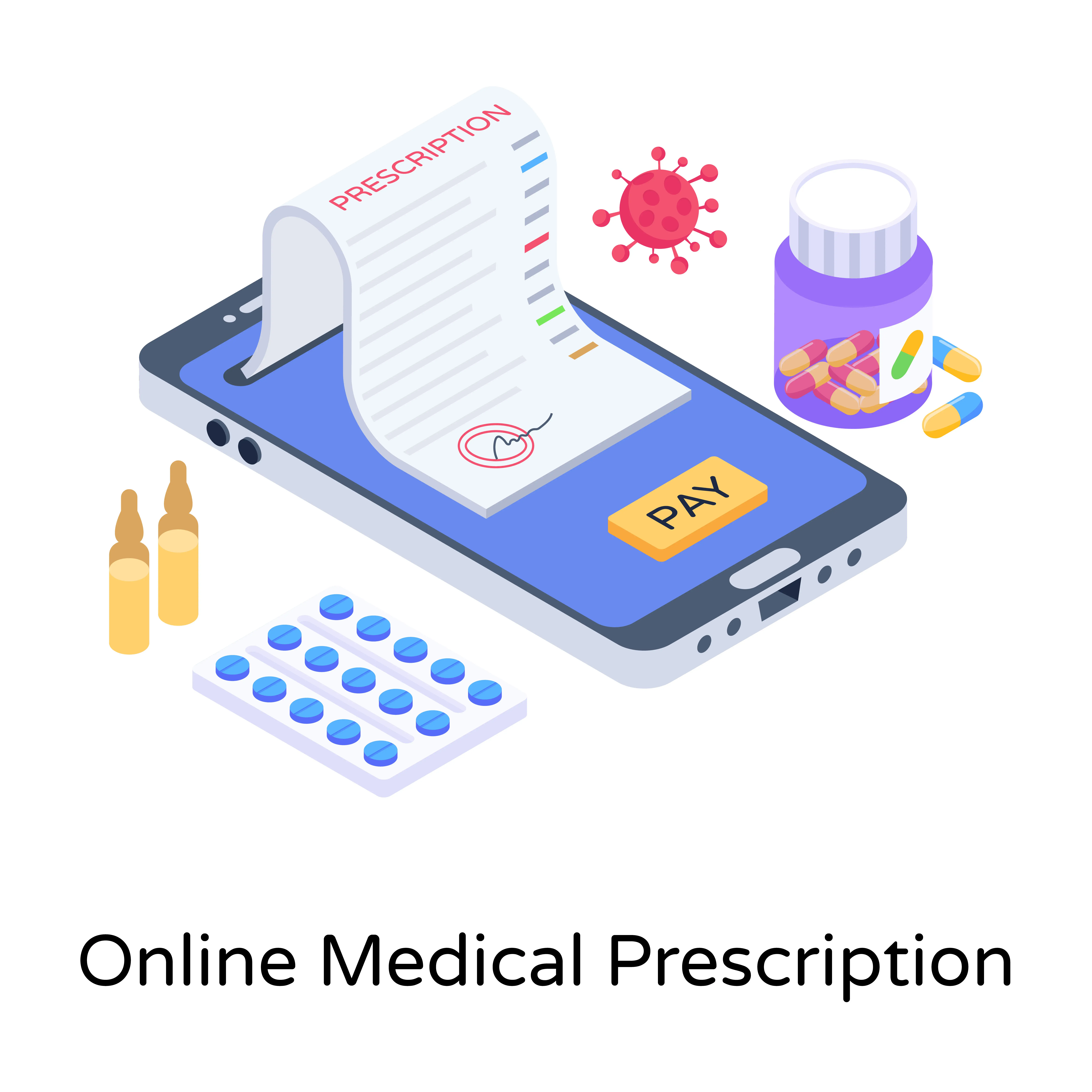 Isometric illustration of online medical prescription service on smartphone with pay button, medication bottles, pills and virus symbol for digital healthcare and telemedicine pharmacy