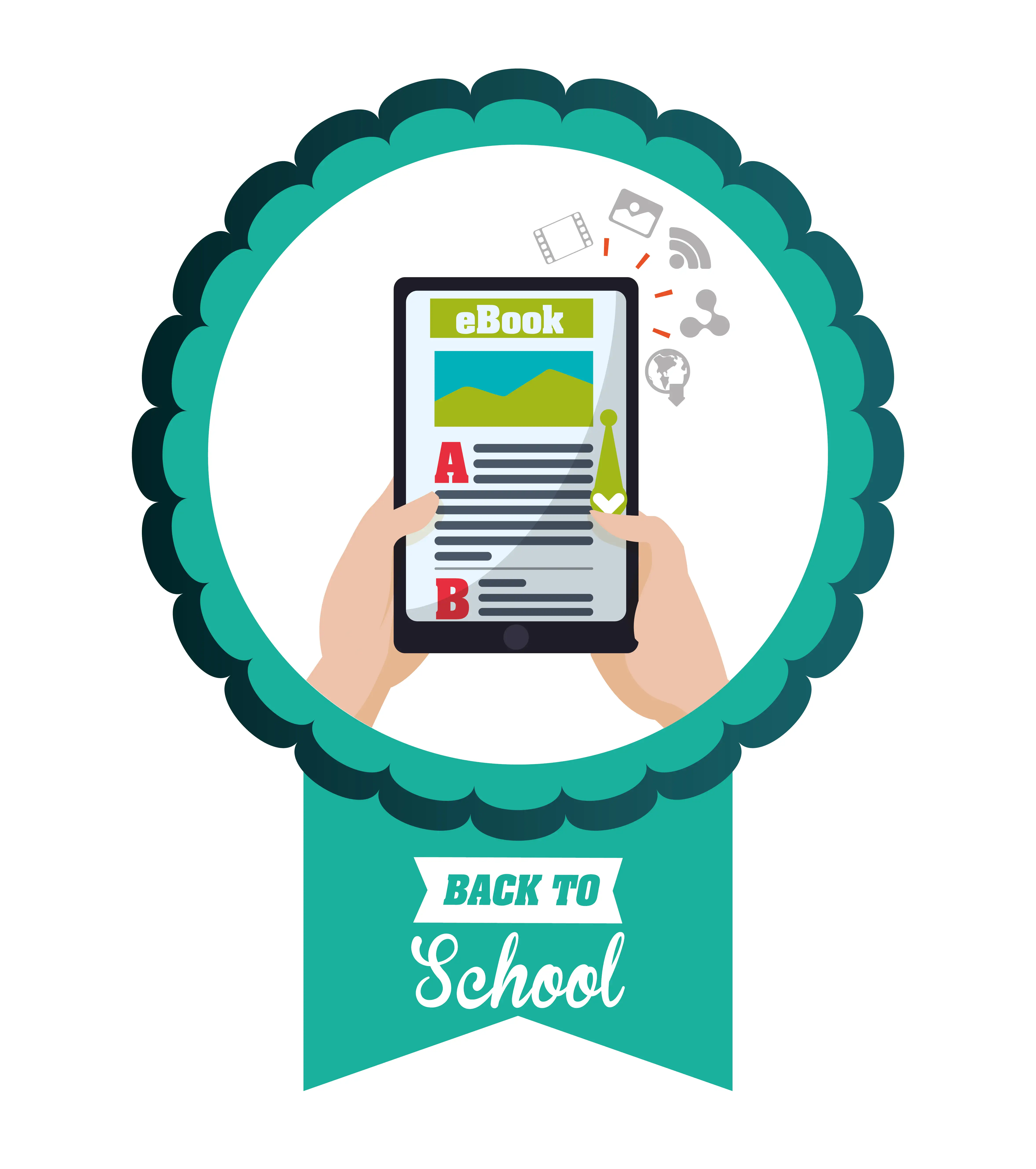 Back to school digital learning badge illustration with hands holding tablet displaying eBook content and educational media icons in teal circular decorative frame