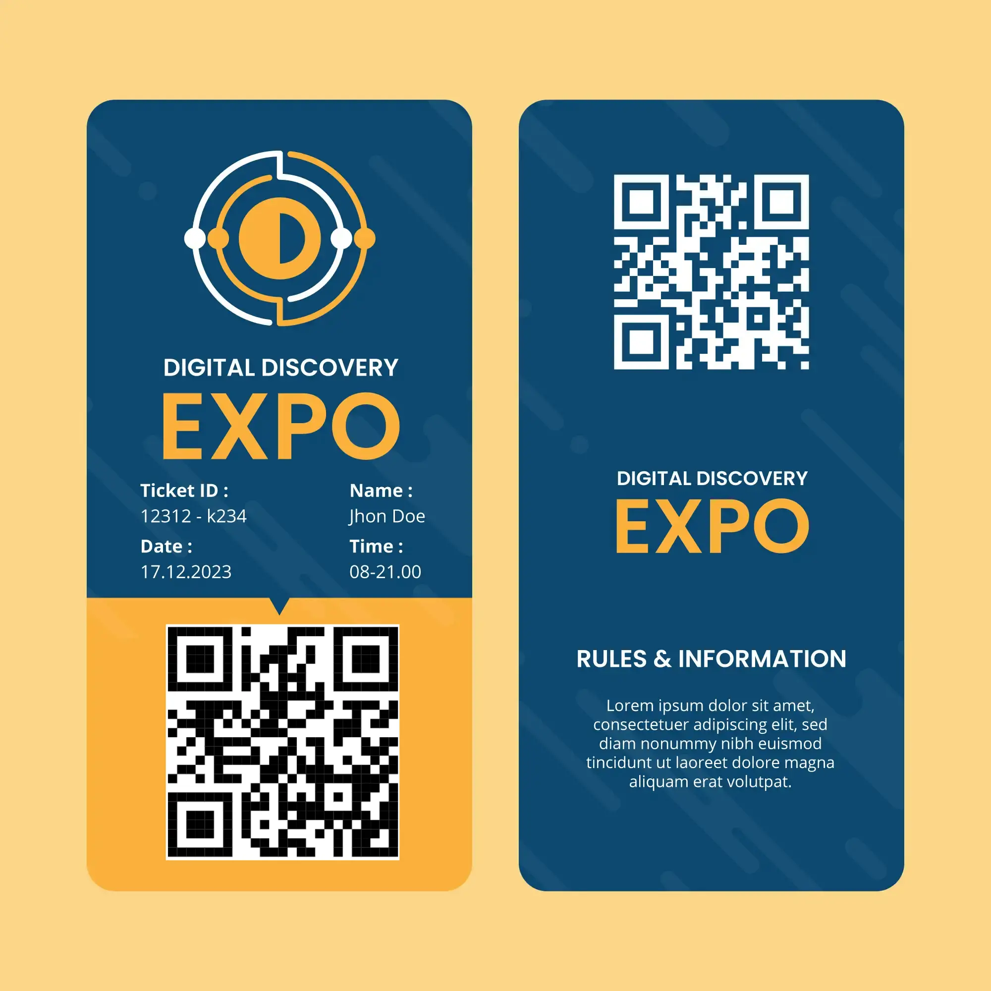 Digital Discovery Expo event ticket design with dual QR codes in blue and yellow colors, showing ticket ID, attendee name, date time and event rules information