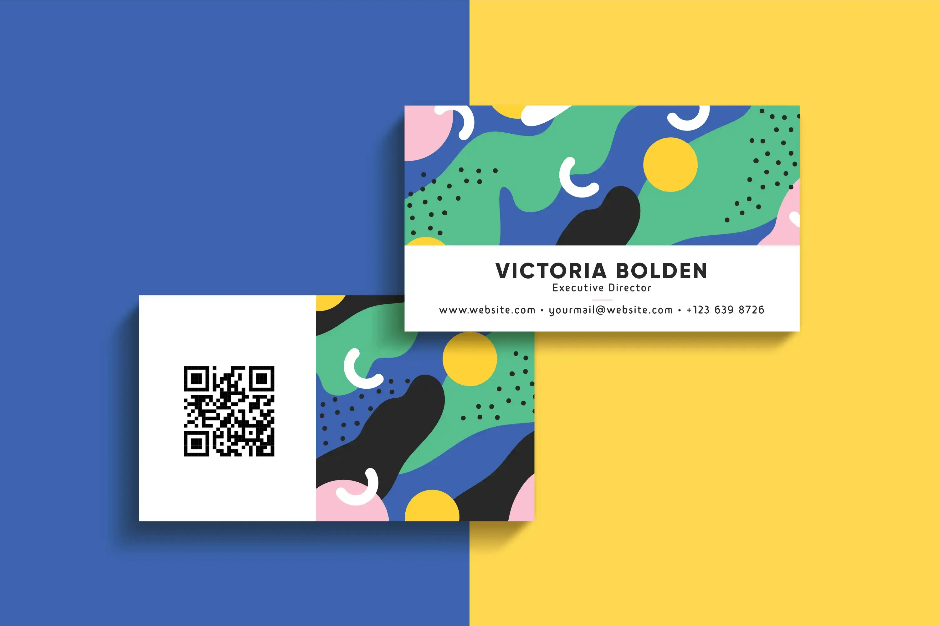 Modern colorful business card design for Victoria Bolden Executive Director with QR code, featuring abstract organic shapes in blue, green, yellow and pink with contact information and website