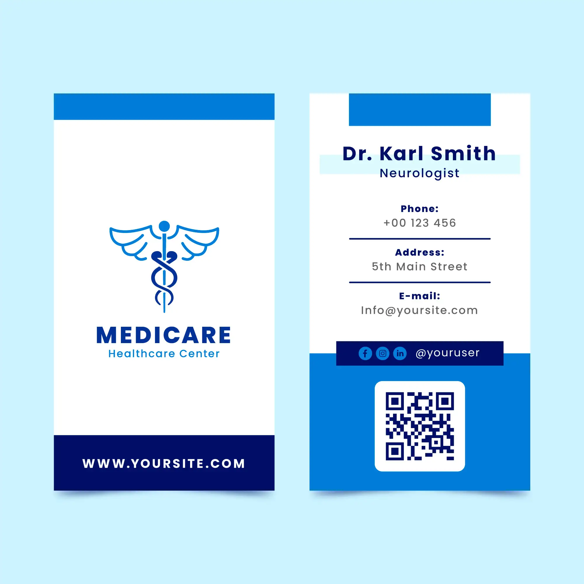 Medicare Healthcare Center business card for Dr Karl Smith Neurologist in blue and white design with medical caduceus symbol, QR code and social media links