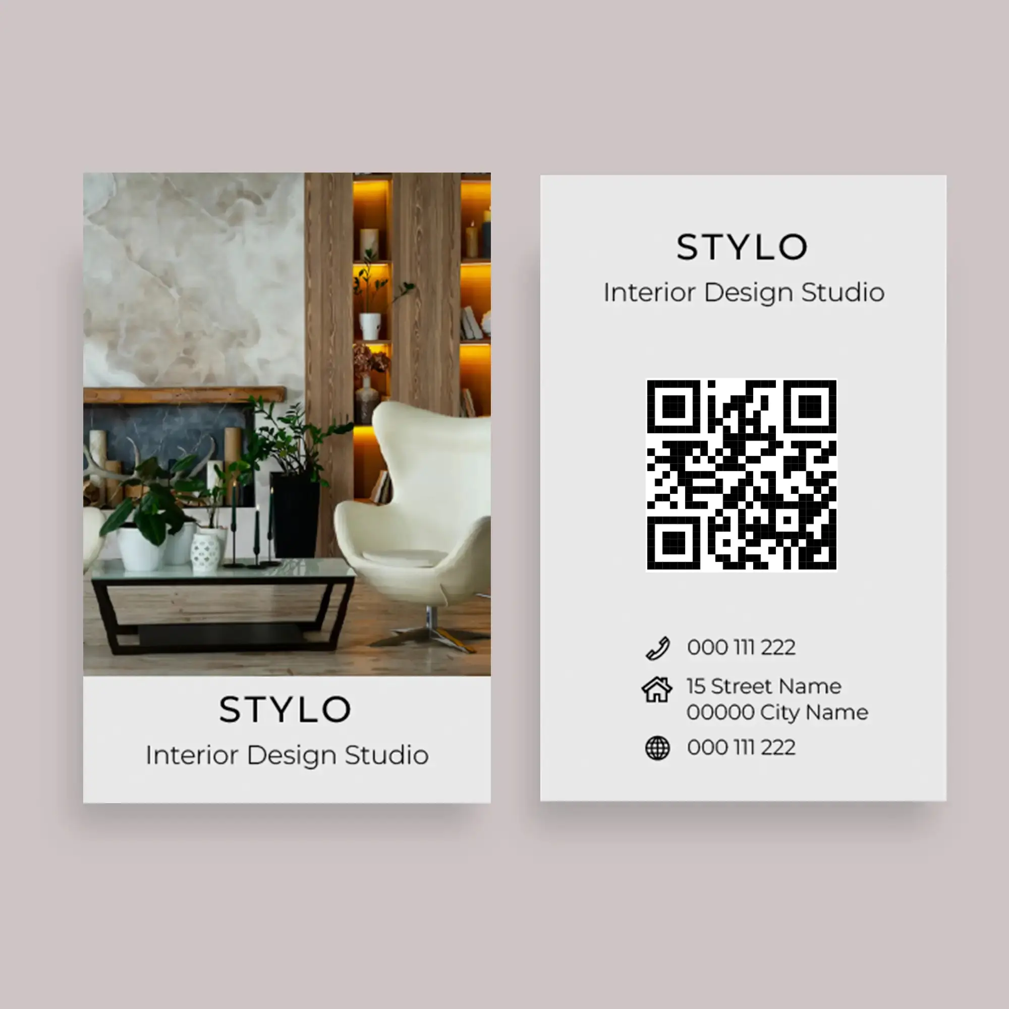 Minimalist Stylo interior design studio business card mockup with QR code, featuring modern living room photo with egg chair and contact details including phone and address