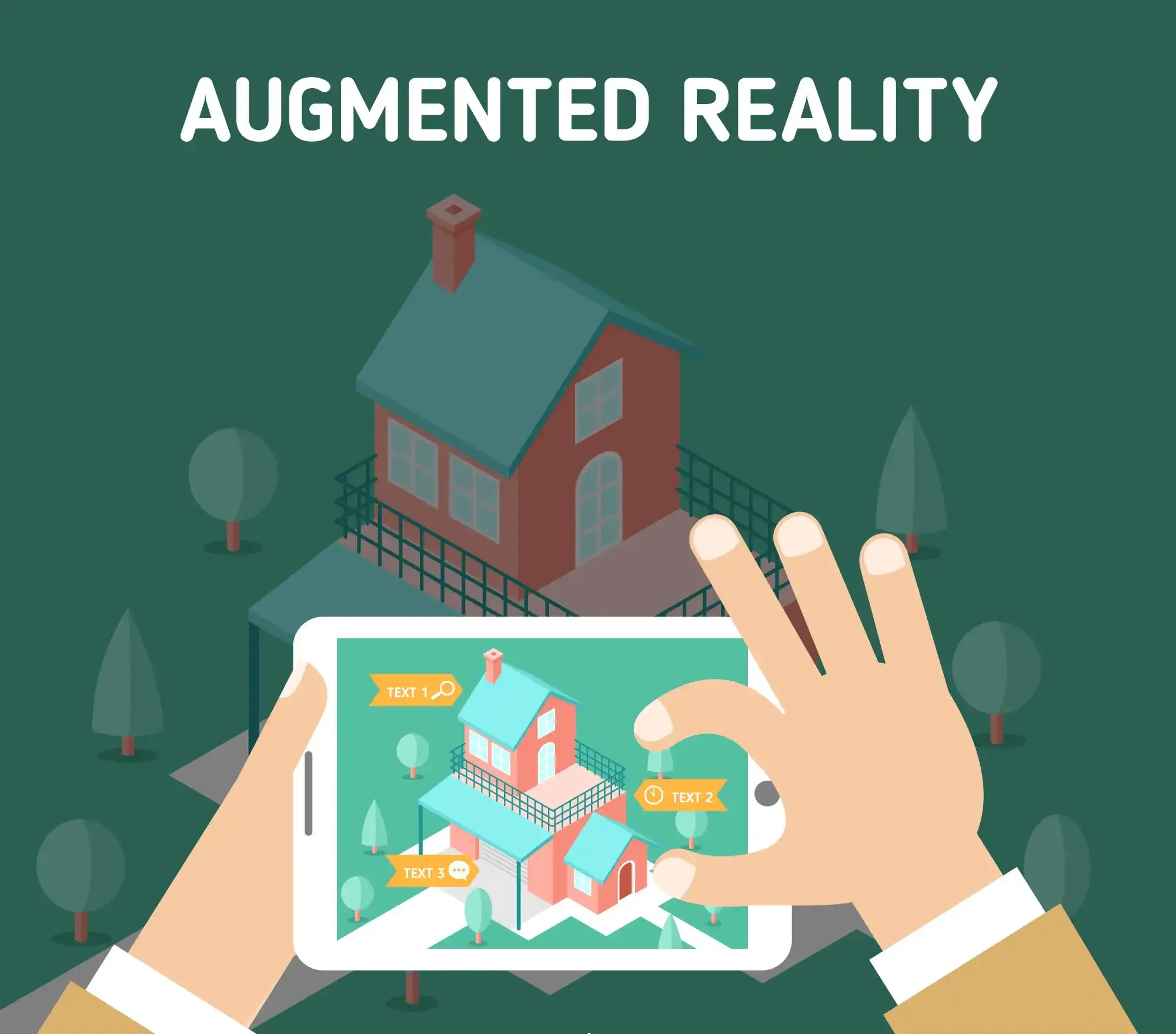 Augmented reality real estate illustration showing hands holding tablet to view virtual property tour with interactive labels overlaying physical house for immersive home viewing experience