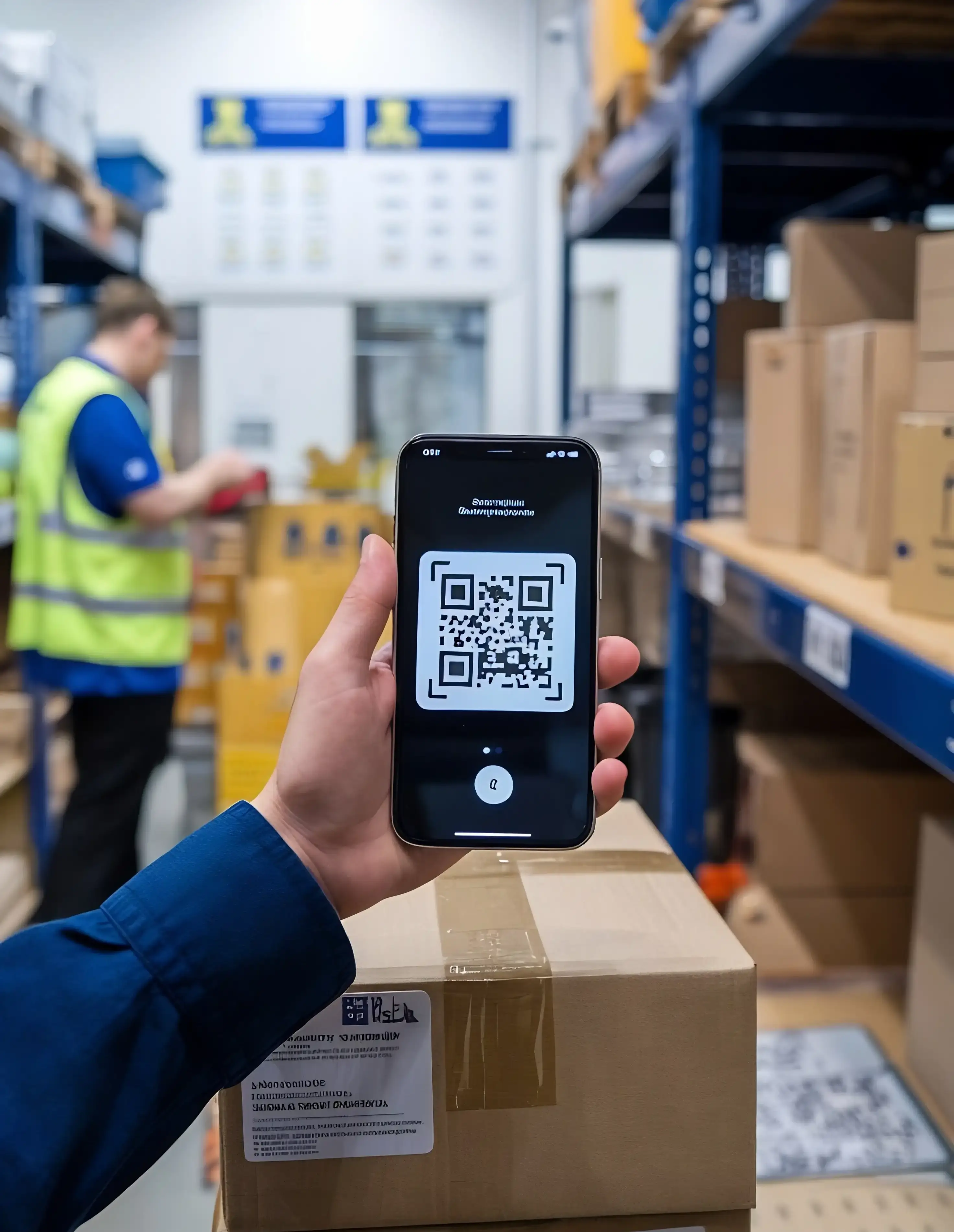 Warehouse employee holding smartphone with QR code scanner app above cardboard box with barcode in modern logistics facility for inventory management and package tracking