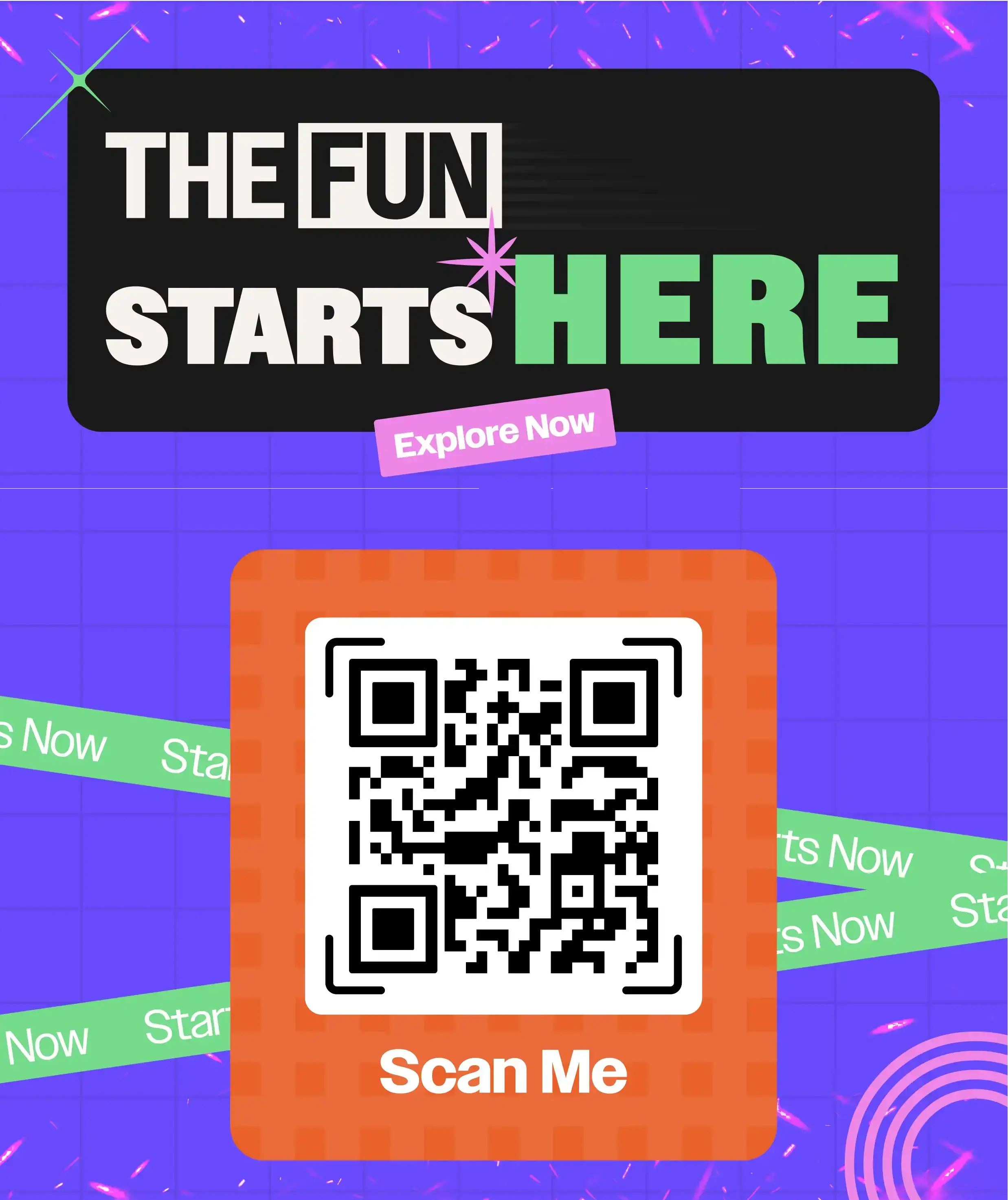 Vibrant purple gaming promotional poster with text 'The Fun Starts Here' featuring large scannable QR code and explore now call-to-action for entertainment venue marketing