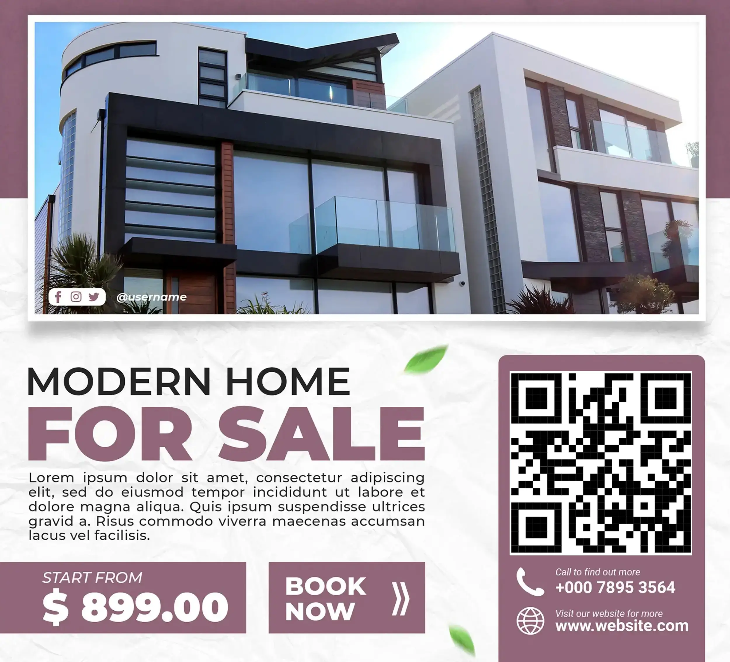 Modern home for sale social media template featuring QR code for property listing, with luxury house photo, pricing starting at $899, and contact details for real estate marketing