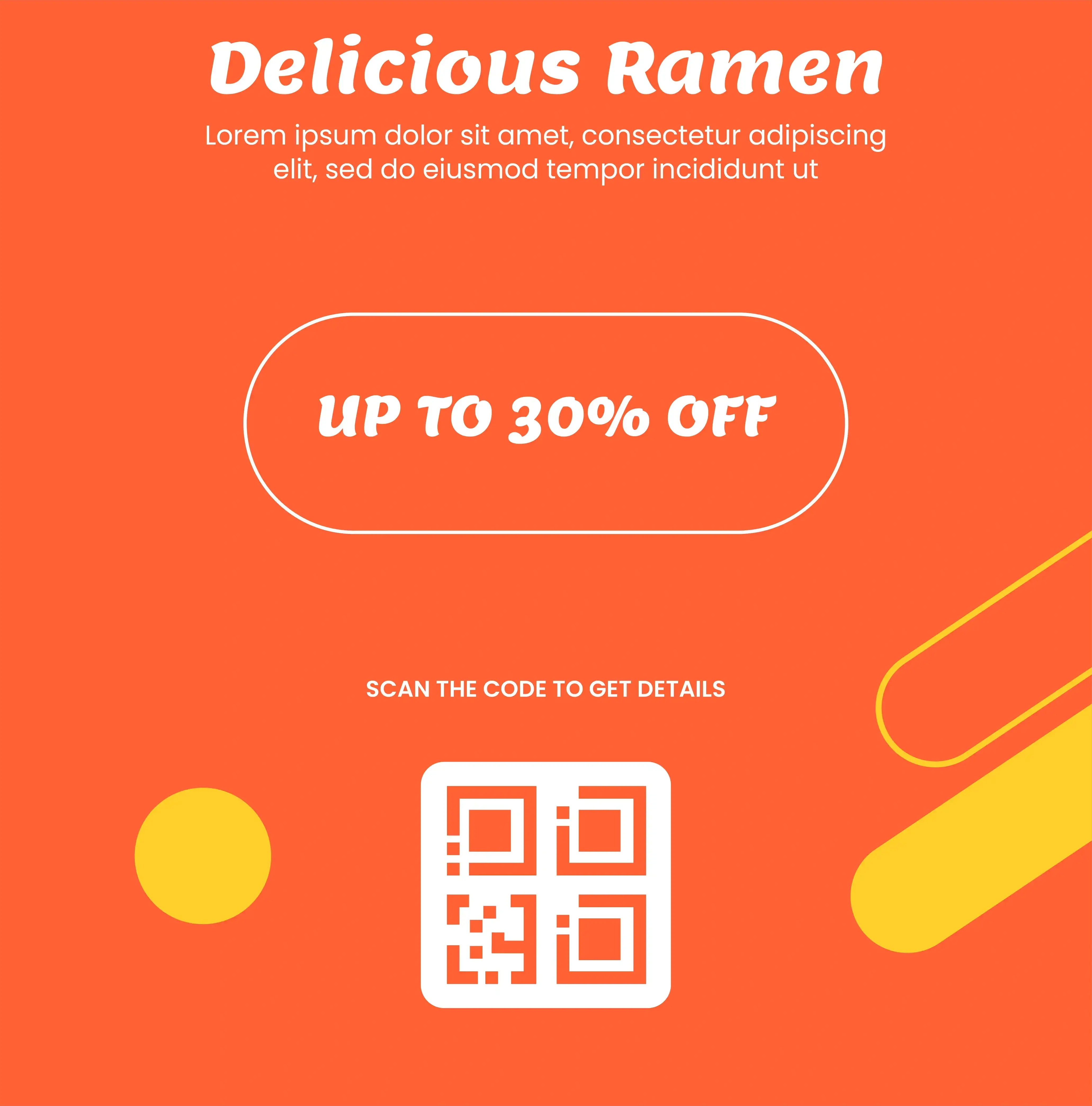 Orange restaurant promotional flyer advertising delicious ramen with 30% off discount and scannable QR code for menu details and ordering information
