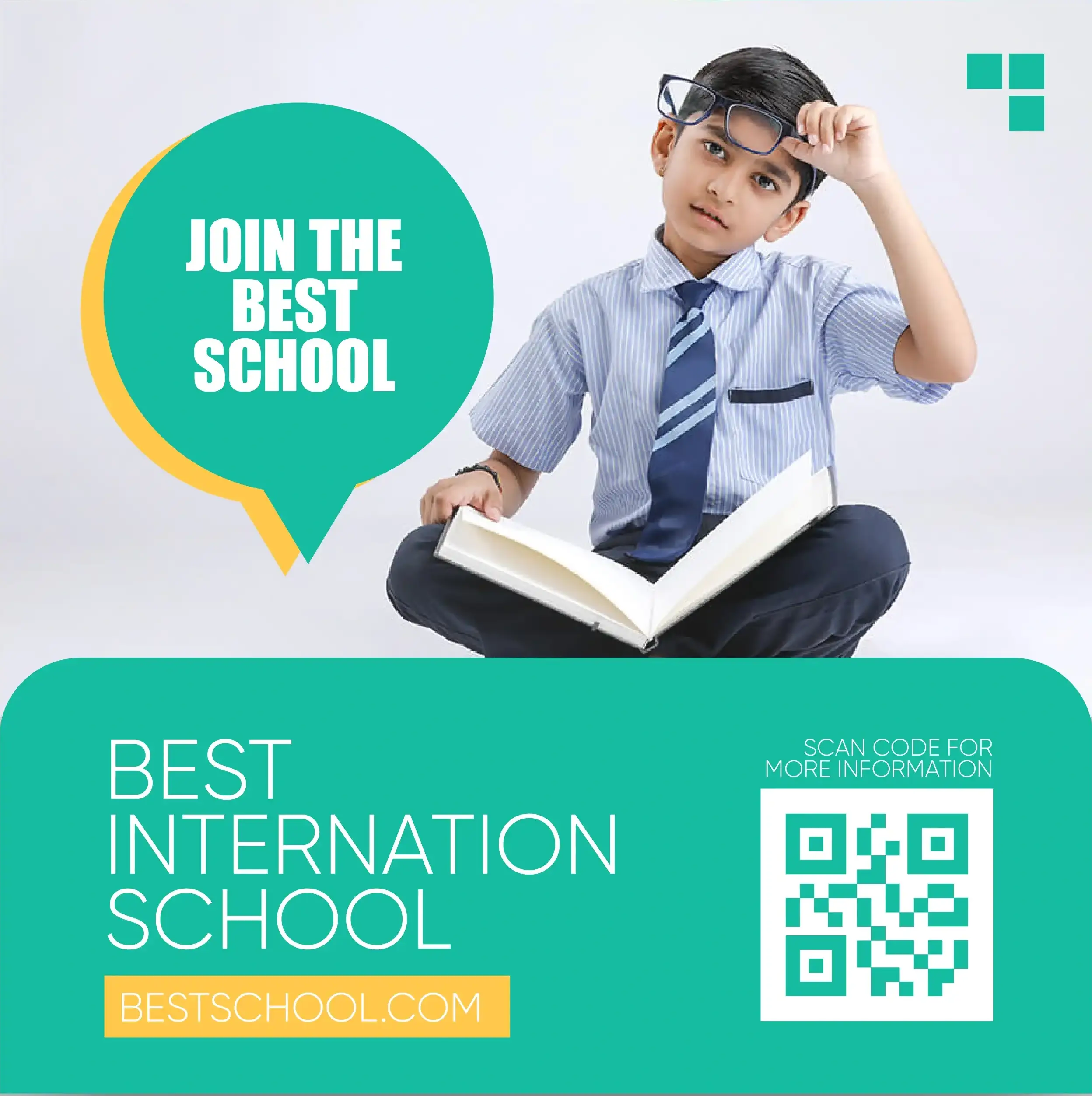International school admission social media post with student in uniform reading, featuring QR code for enrollment information and school website branding