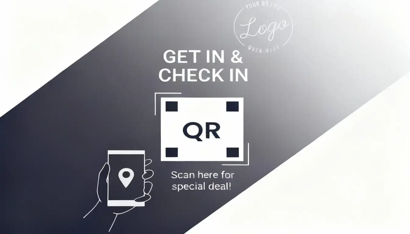 Modern hotel check-in promotional banner with QR code for special deals, featuring minimalist design and location icon for hospitality and accommodation services