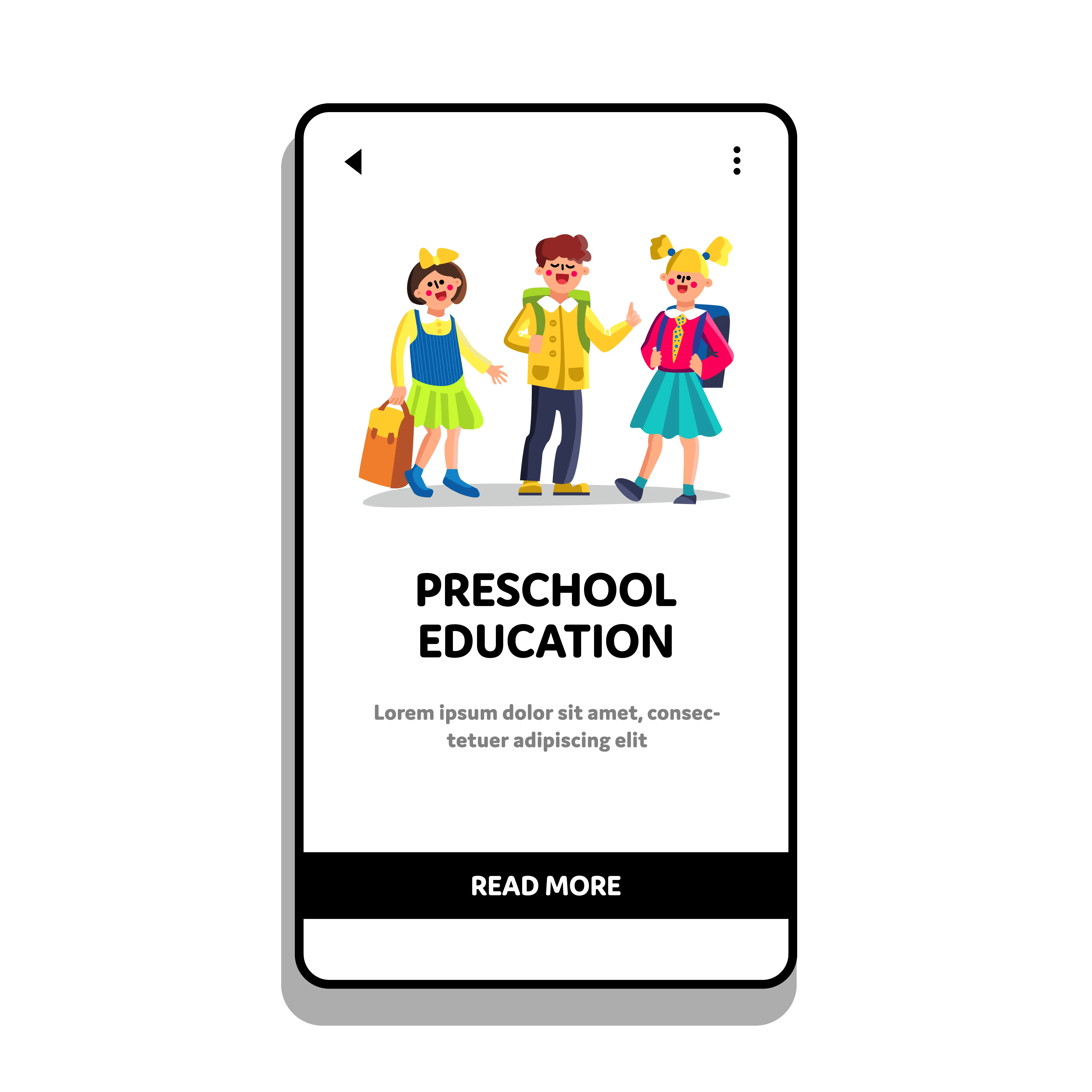 Preschool education mobile app interface showing three colorful student characters with read more button for educational technology and early childhood learning platform