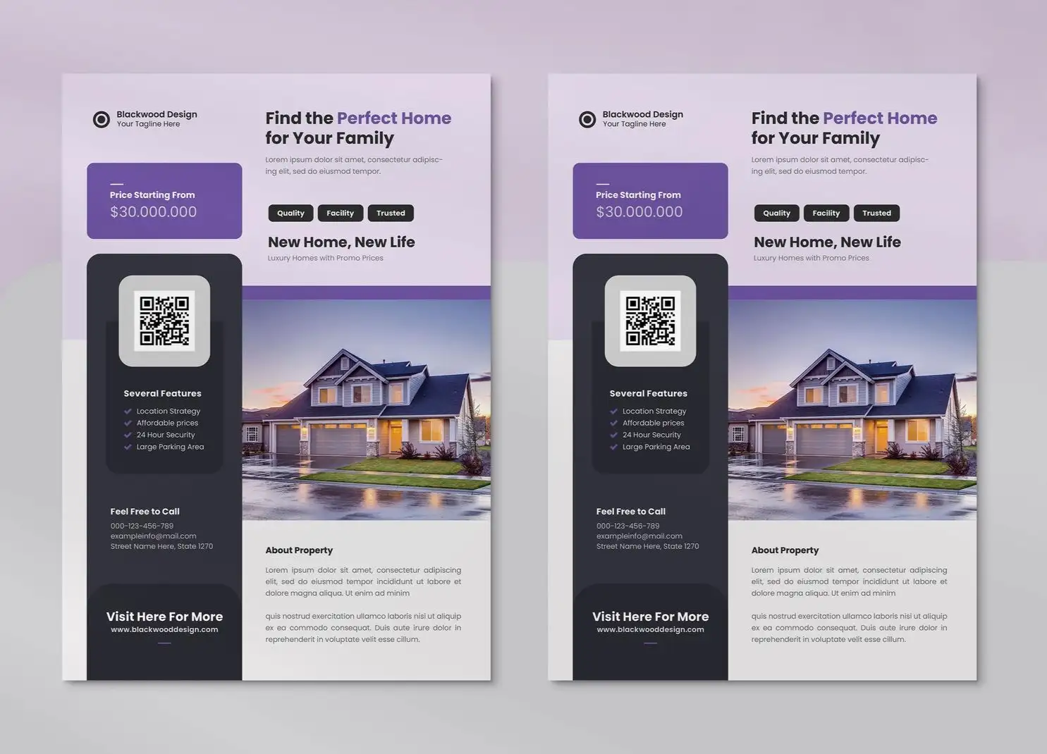 Blackwood Design real estate flyer template with QR code for luxury home listing starting at $30 million, featuring property details and contact information for housing marketing