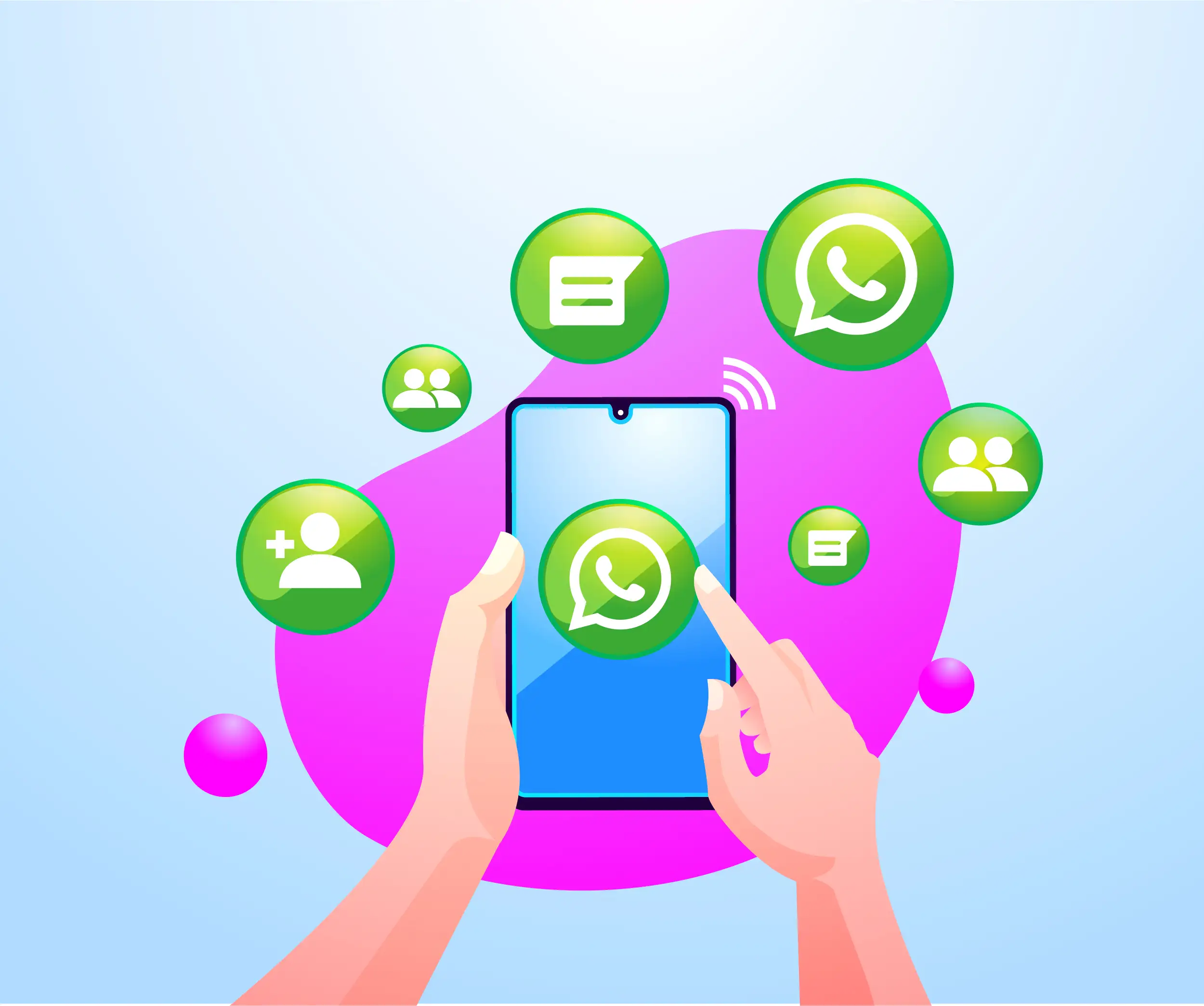 Illustration of hands holding smartphone with WhatsApp messaging icons and contact features, demonstrating QR code integration for instant WhatsApp communication and social messaging