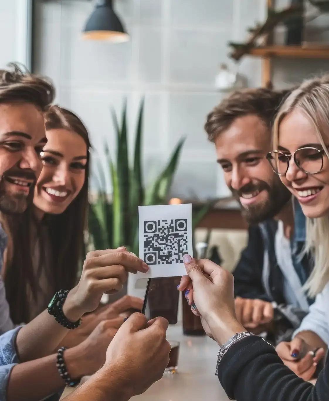 Alt Description: Business professionals scanning printed QR code together at modern office meeting, showcasing collaborative QR code sharing for networking and digital information exchange