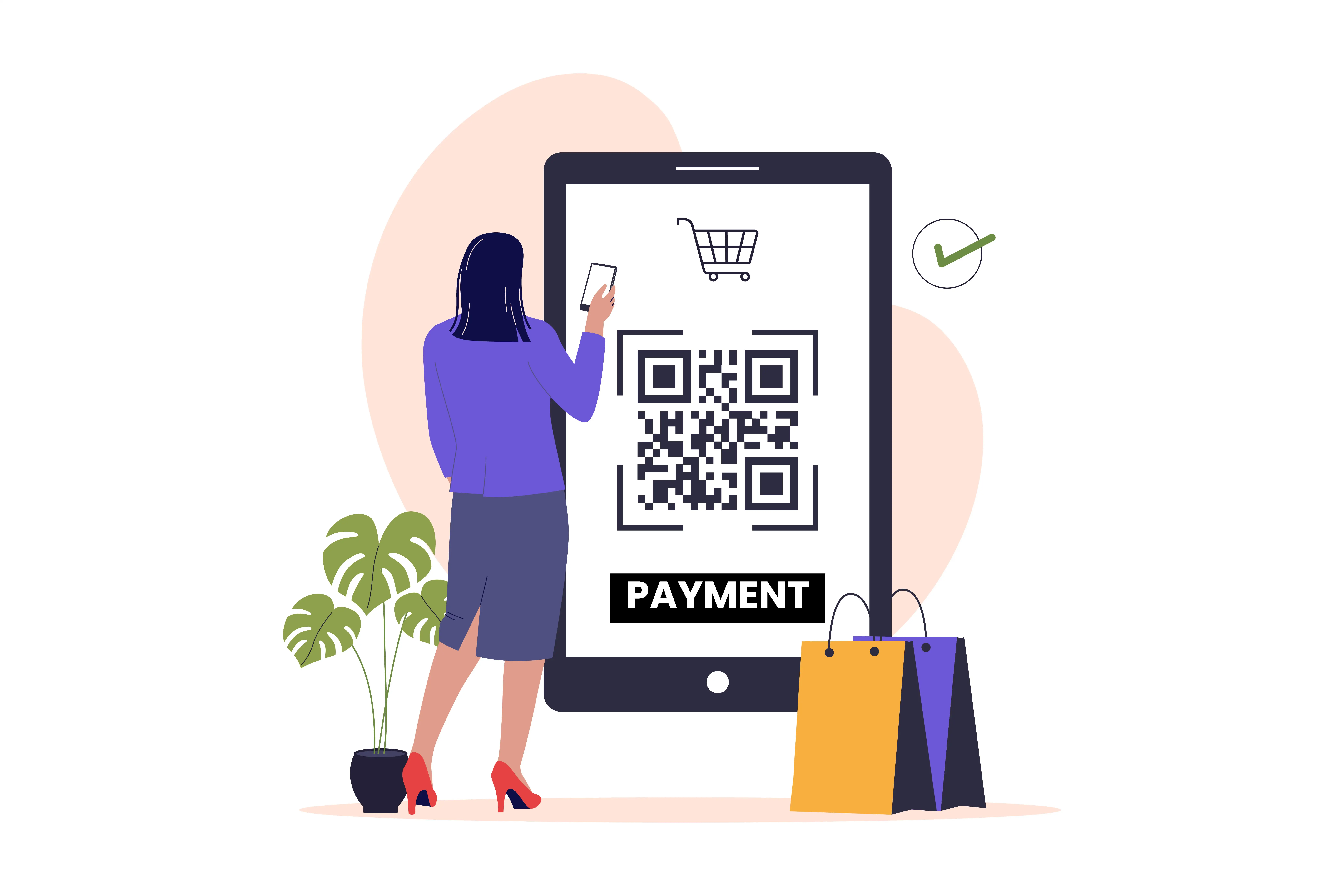 Alt Description: Illustration of woman using smartphone to scan QR code for online shopping payment on tablet screen with shopping cart icon, depicting secure mobile e-commerce transaction
