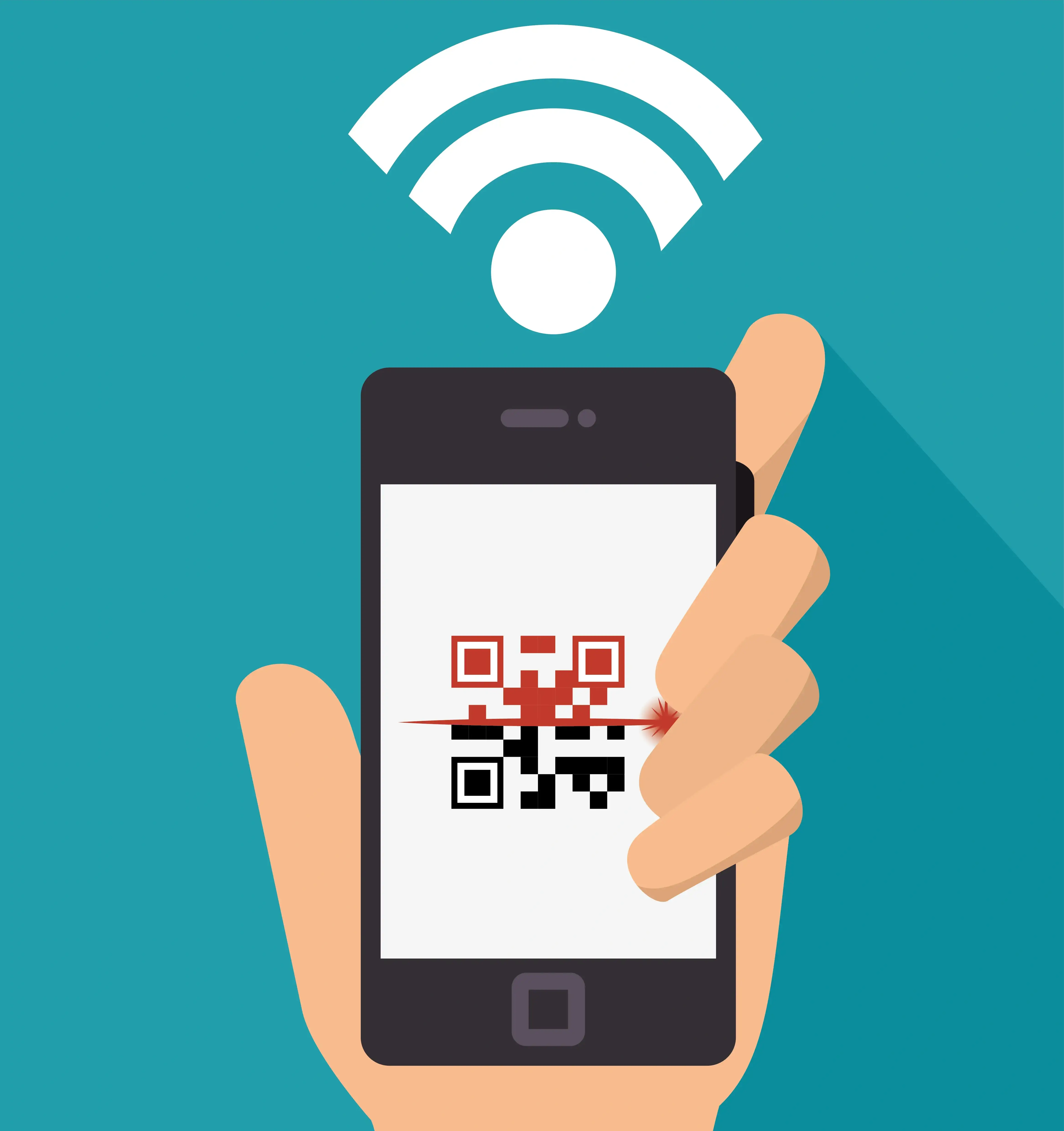 Alt Description: Illustration of hand holding smartphone with WiFi QR code scanner on screen showing wireless signal icon, demonstrating instant wireless network connection via QR code